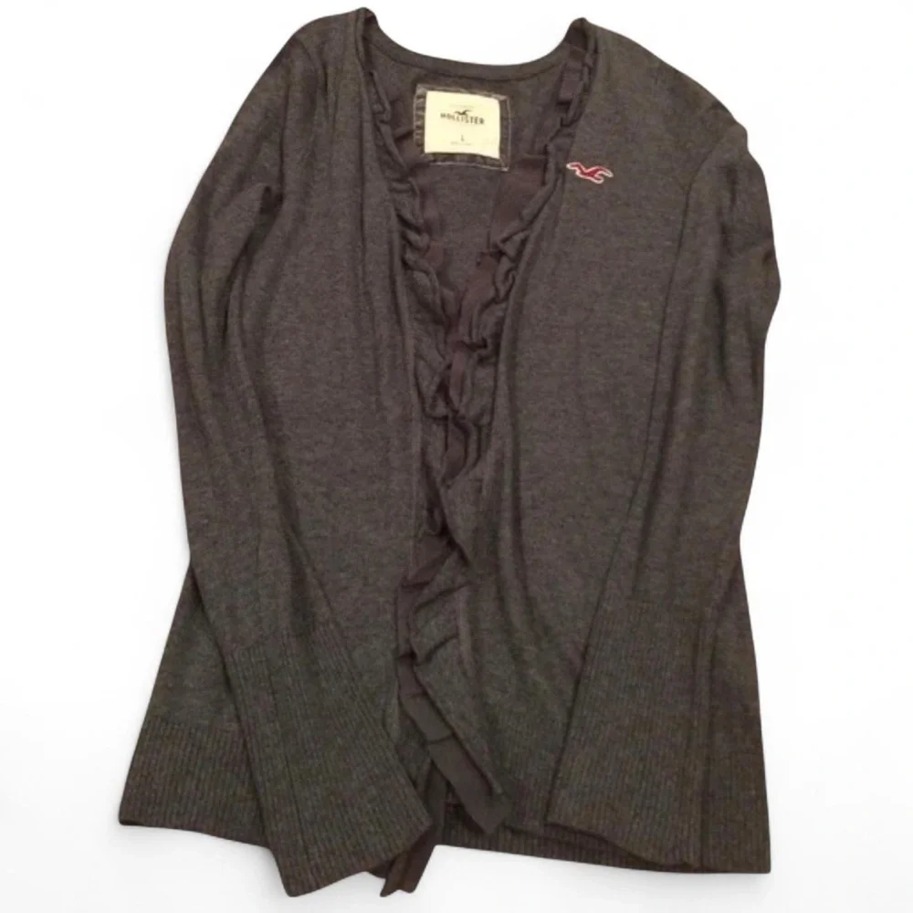 Hollister Co. VTG 2000s Women’s Preppy Dark Grey Open Ruffled Cardigan — LARGE